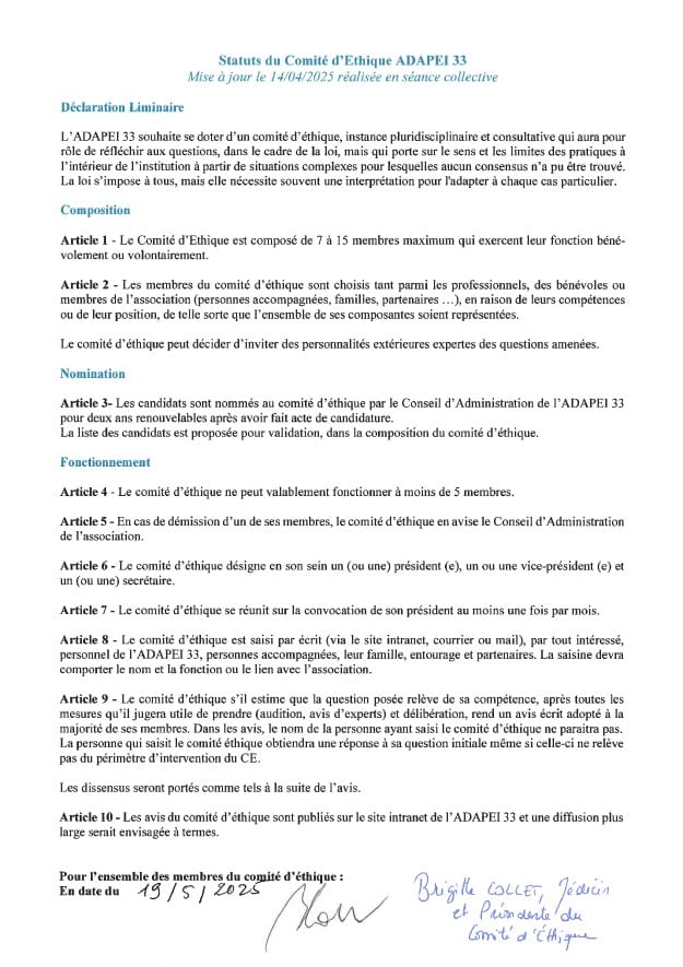Statuts Comité d'éthique